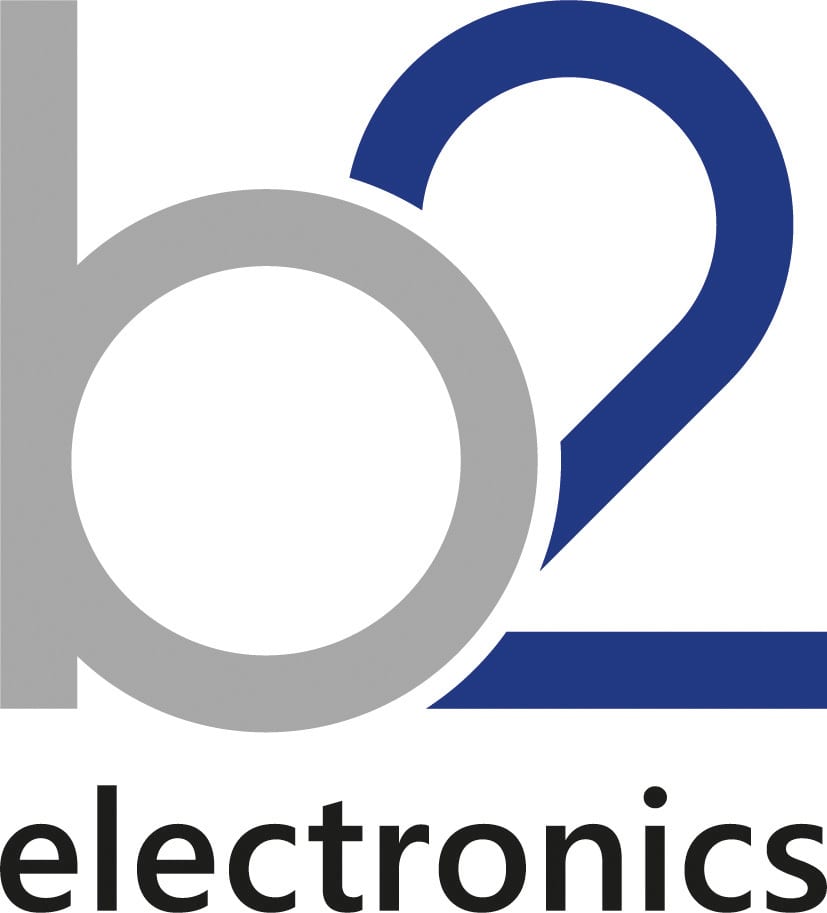 Logo for b2 electronics, featuring a grey stylized 'b' intertwined with a blue '2' above black 'electronics'.