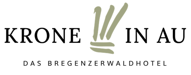 Logo: "Krone in Au" text with a stylized crown symbol and "DAS BREGENZERWALDHOTEL" text.