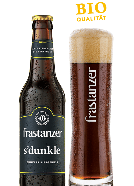 A bottle and glass of Frastanzer s'dunkle dark beer, featuring organic quality, with condensation.