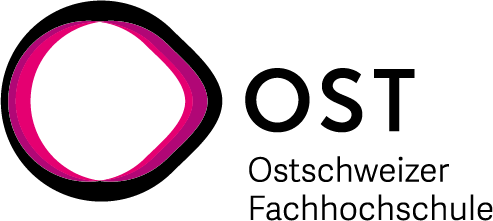 Logo of OST Ostschweizer Fachhochschule, featuring an abstract pink and black O shape and text.