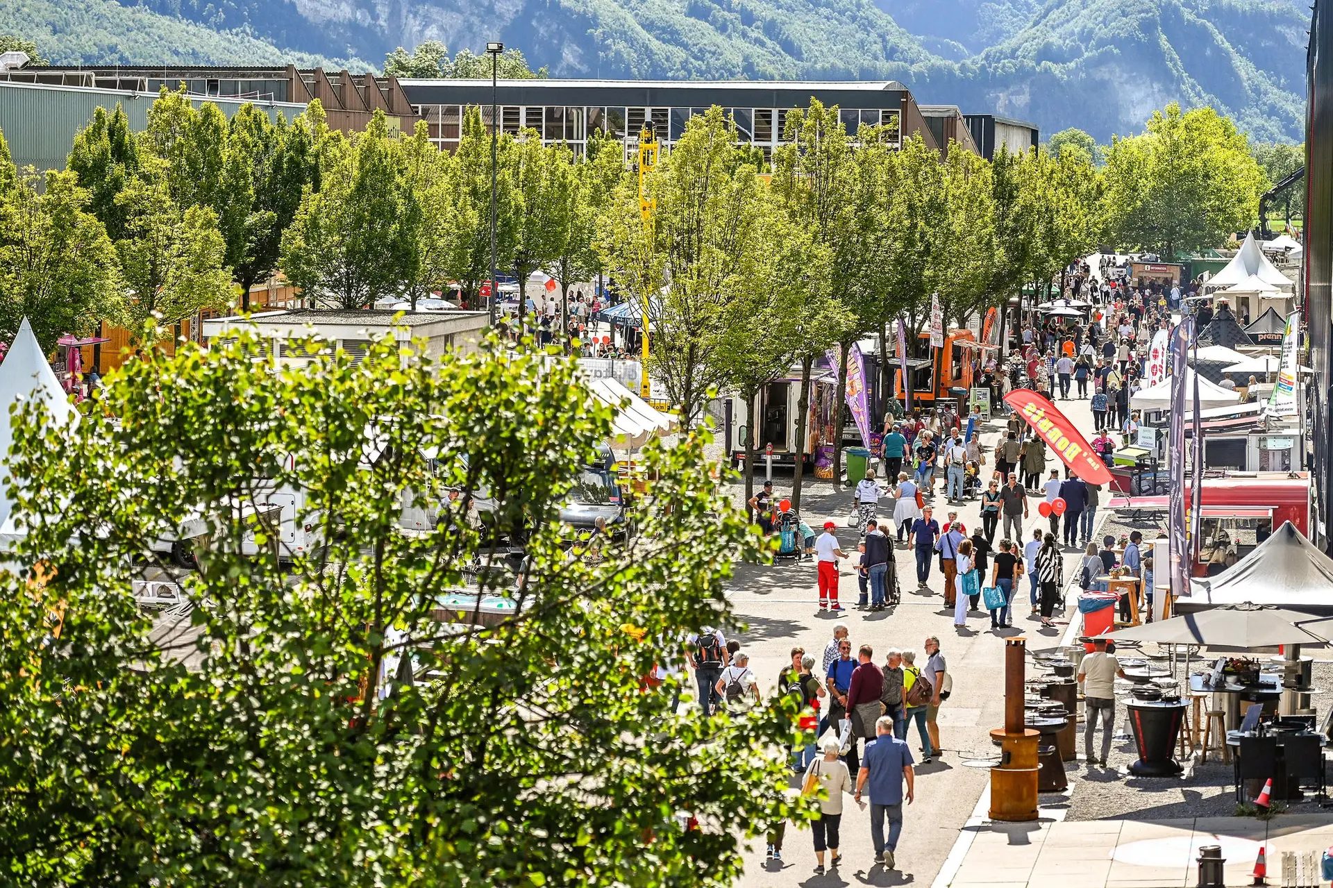 A vibrant outdoor market street packed with people and stalls, lined with trees, against a mountain backdrop.