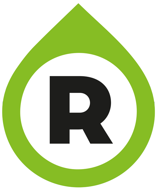 A black letter 'R' inside a white circle, all within a green teardrop shape, symbolizing a registered trademark.