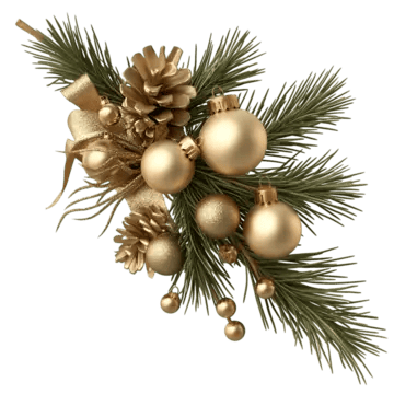 Festive gold Christmas ornaments, pinecones, and pine branches.