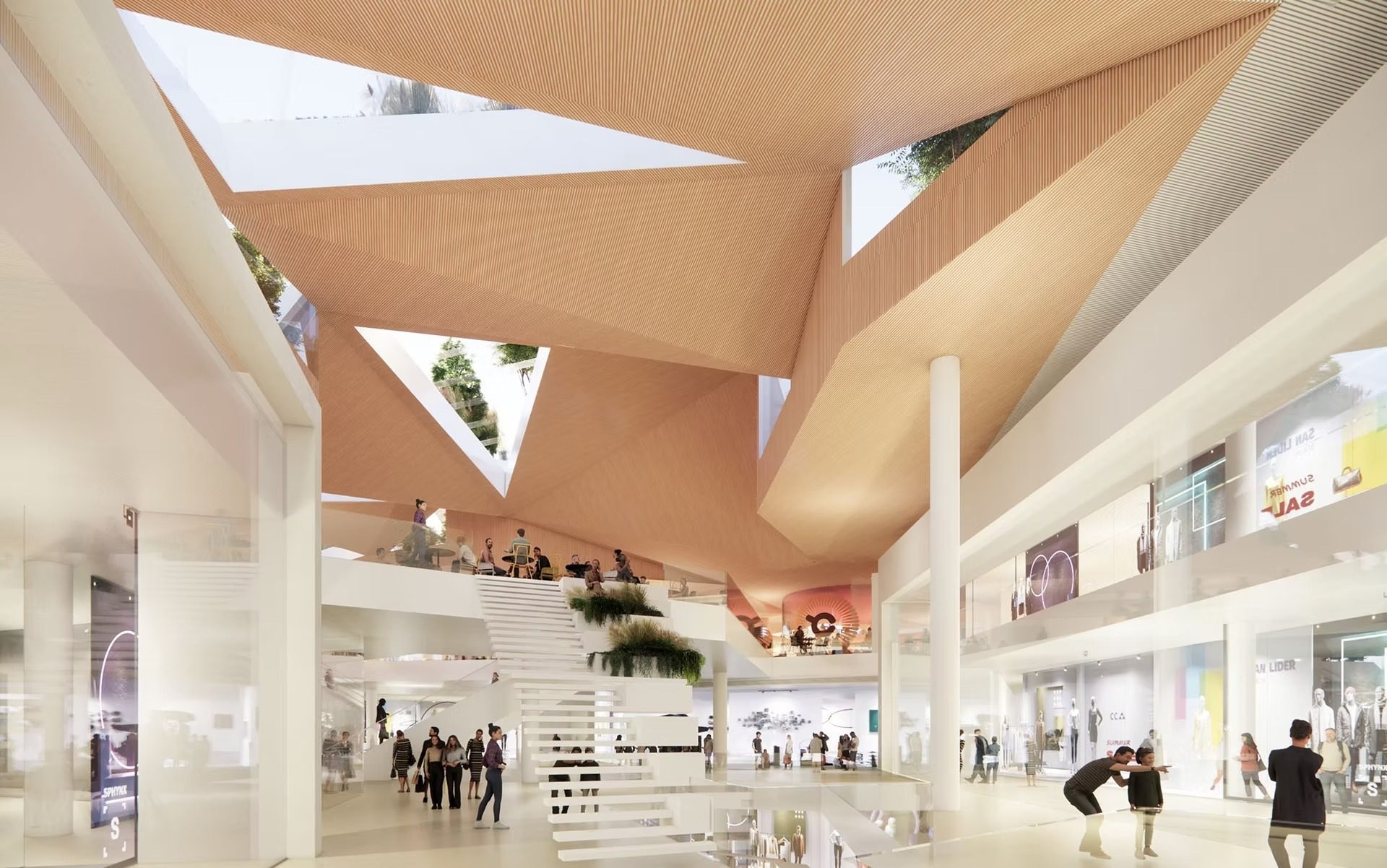 Modern shopping mall interior with a geometric wooden ceiling, skylights, white multi-level stairs, and shoppers.