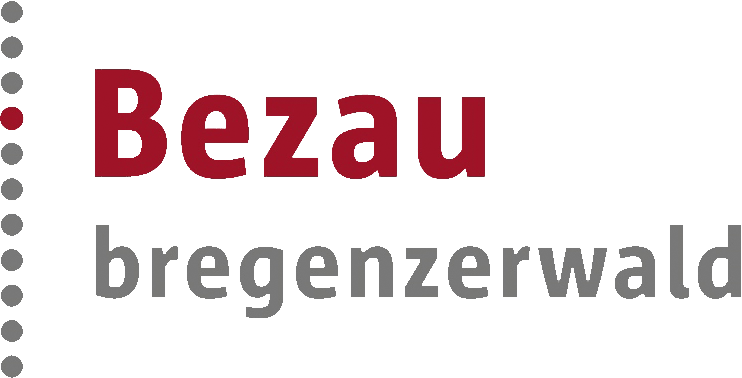 Logo: "Bezau" in red, "bregenzerwald" in grey, with a vertical line of dots (one red) on a dark green background.
