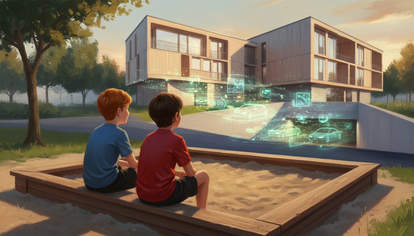 Two boys in a sandbox view futuristic holographic car projections on a modern building.