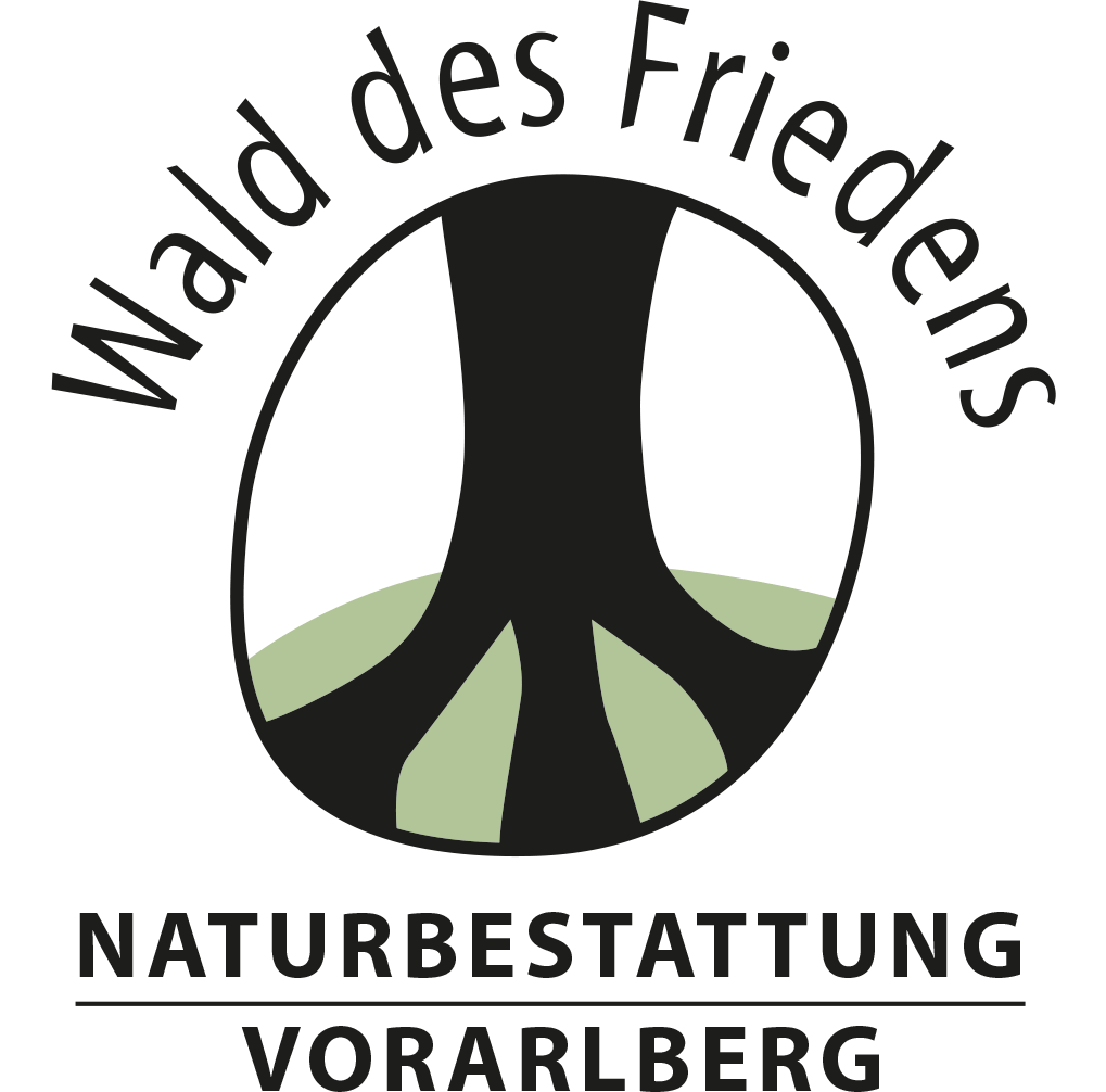 Logo for "Wald des Friedens Naturbestattung Vorarlberg" with a tree forming a peace sign.