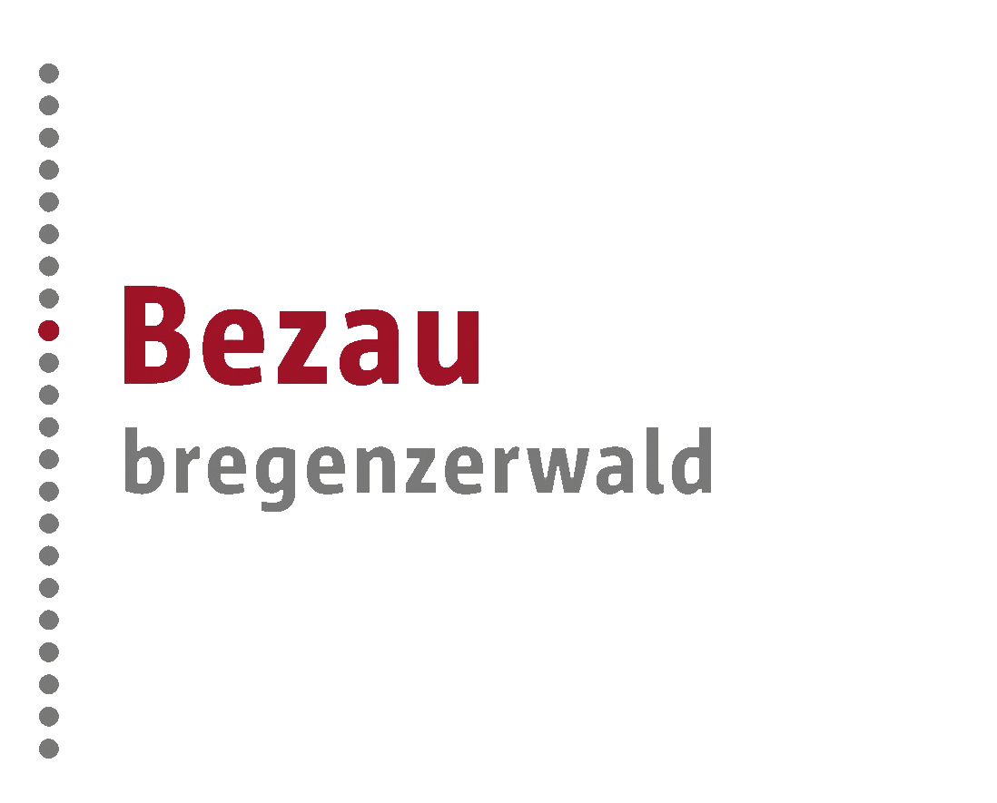 Text "Bezau bregenzerwald" (red/grey) on green, with a vertical line of dots, one red.