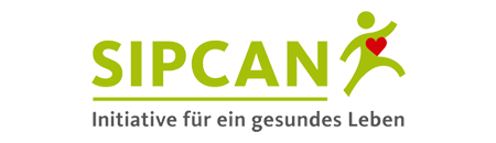 SIPCAN logo with green text, human figure with red heart, and 'Initiative für ein gesundes Leben' tagline.