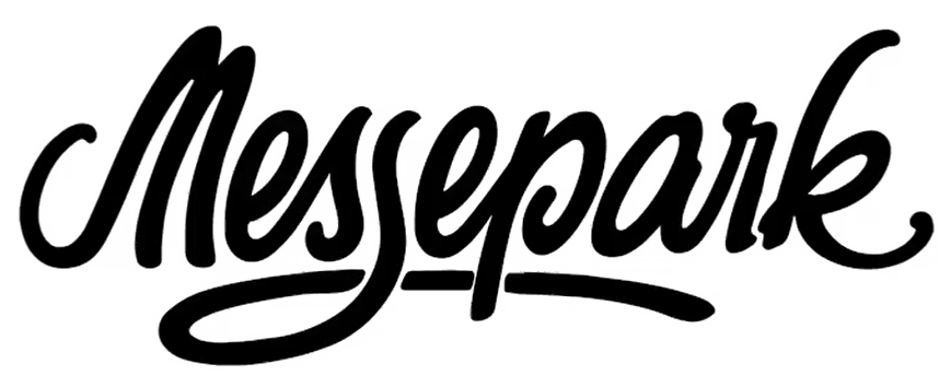 The word "Messepark" in a black cursive font with a white outline, set against a dark green background.