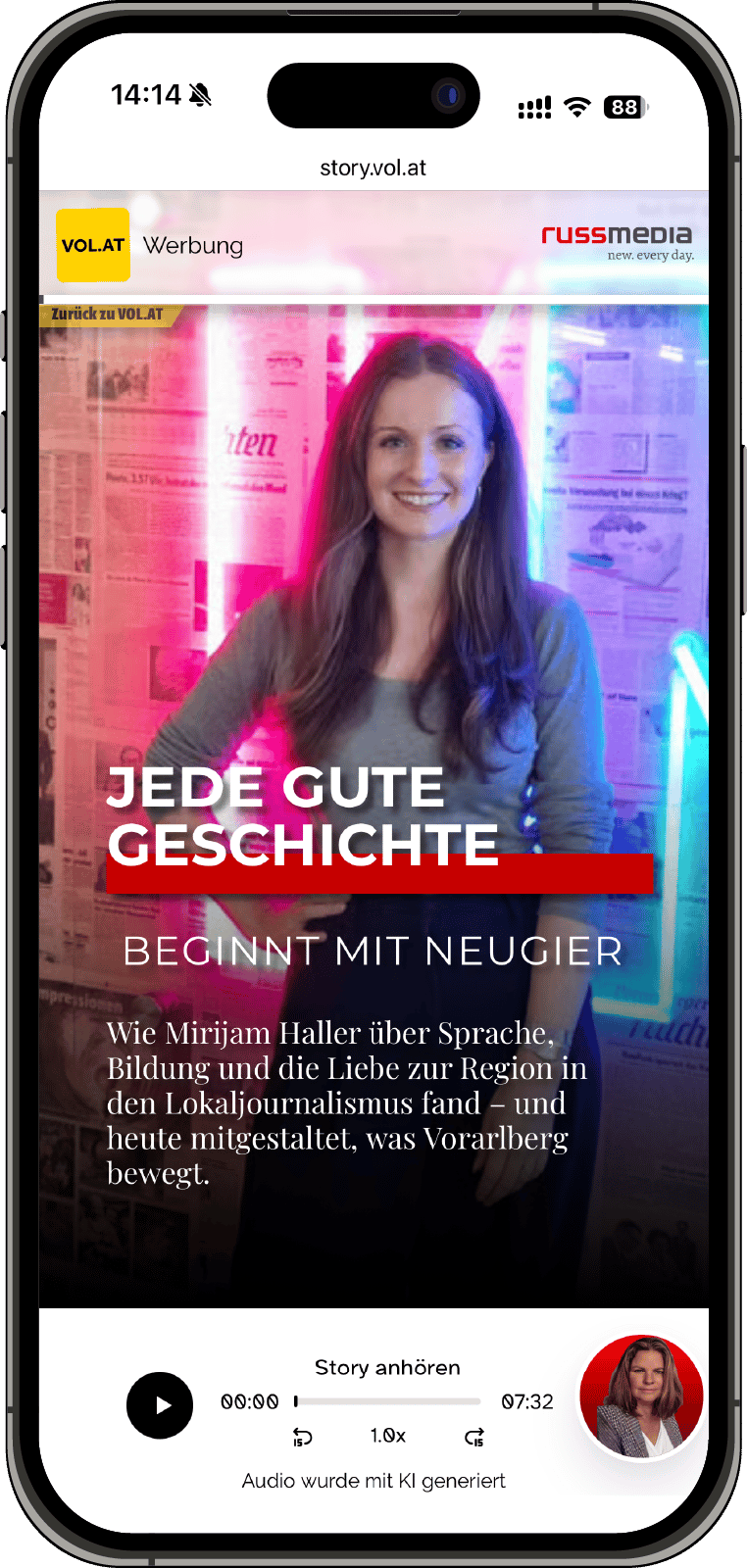 A news story featuring Mirijam Haller, smiling, with the headline 'Every Good Story Begins With Curiosity'.