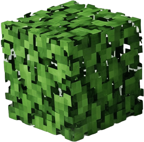 A 3D rendering of a pixelated block of green leaves, reminiscent of a Minecraft leaf block.
