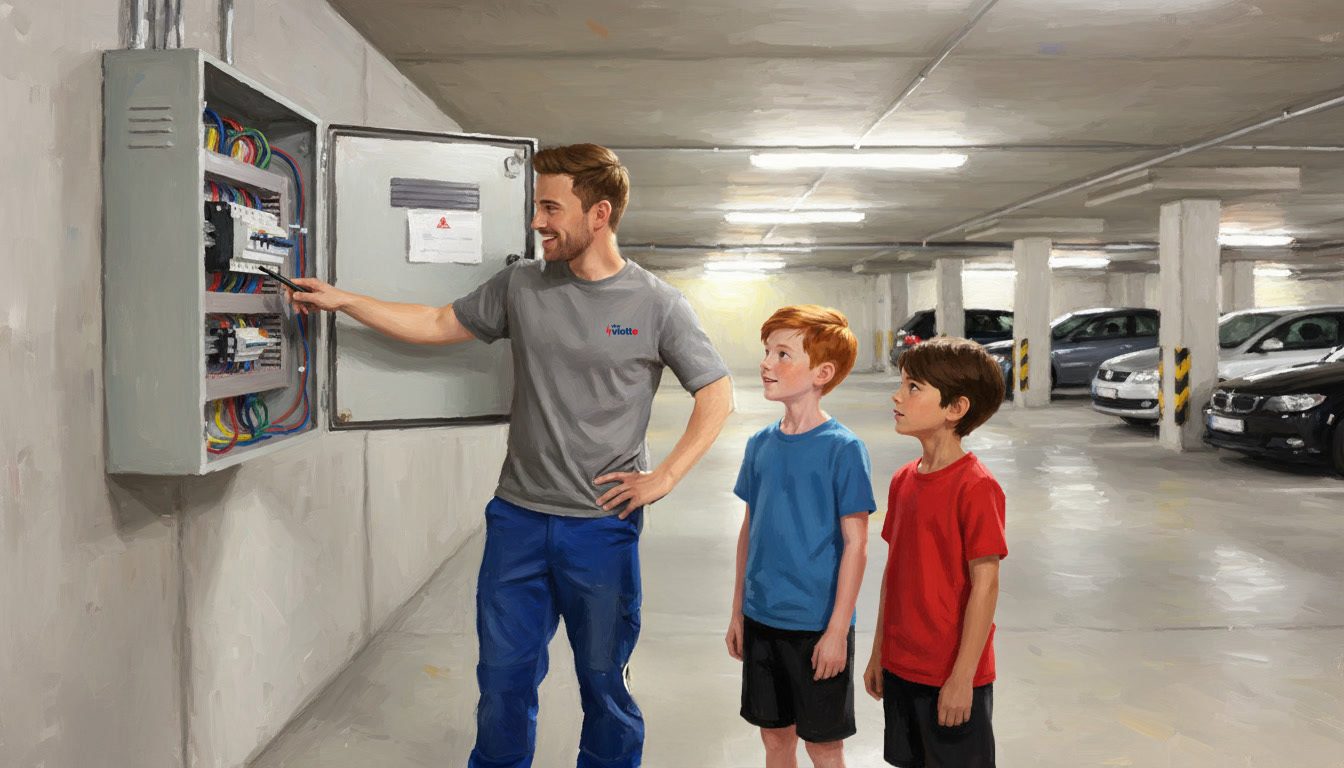 An electrician shows two boys an electrical panel in a parking garage.