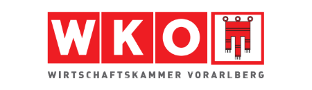 Logo for Wirtschaftskammer Vorarlberg with WKO initials in red squares and a crest, above the full name.