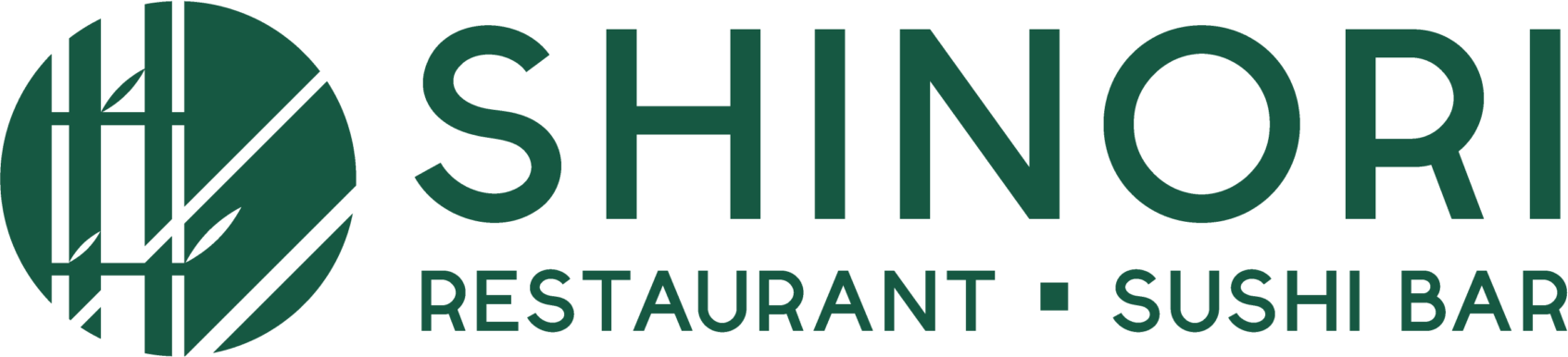 Shinori Restaurant Sushi Bar logo in green, with a stylized circular bamboo graphic.