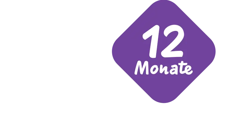 "12 Monate" in white on a purple diamond shape, on a green background.