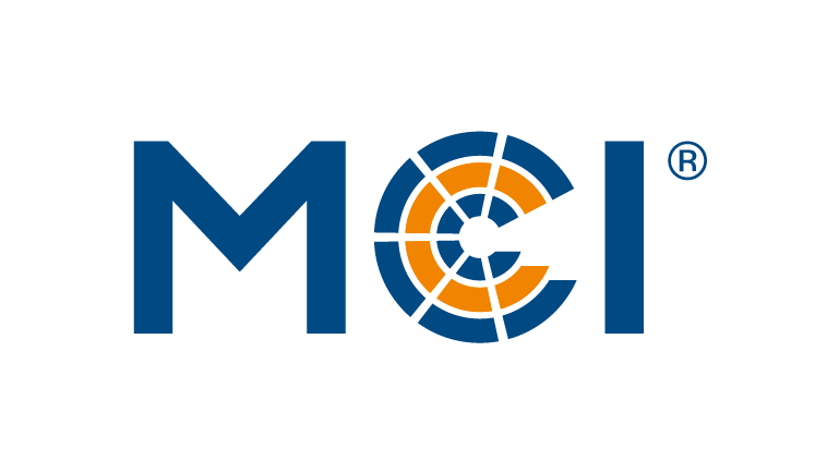 MCI logo in blue, with a stylized 'C' as a segmented blue and orange circle, and a registered trademark symbol.