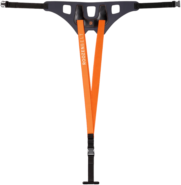 A black and grey Roozenbelt harness featuring prominent orange straps with the brand name 'Roozenbelt'.