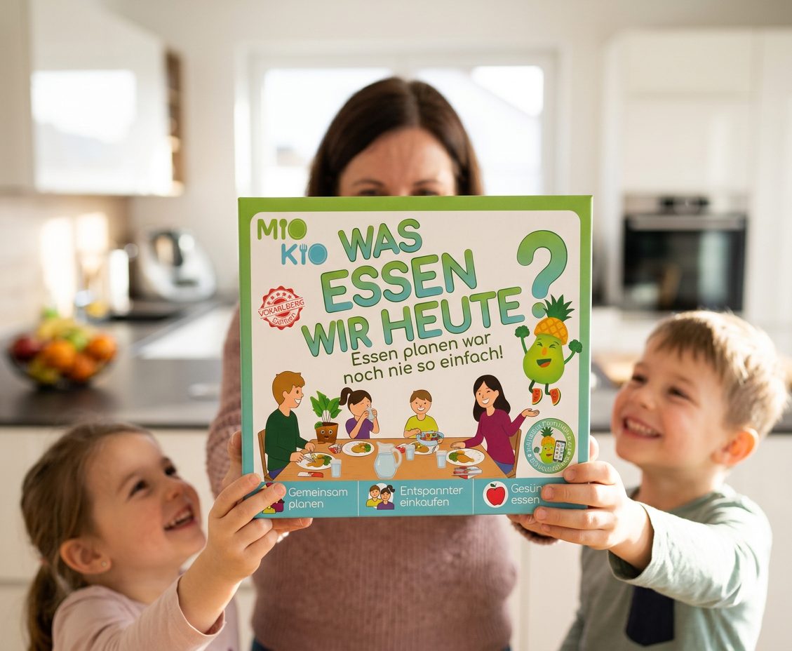 Mother holds a food planning board game with two smiling children in a bright kitchen.