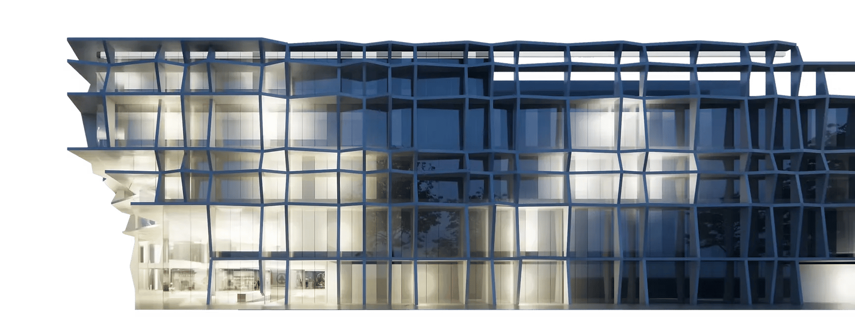 Modern building facade with a geometric grid structure and illuminated windows at dusk.