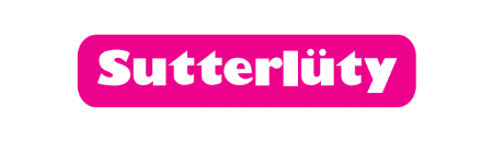 Sutterlüty logo with white text on a bright pink rounded rectangular background.