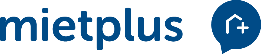 Blue "mietplus" text logo with an accompanying speech bubble icon featuring a house and a plus sign.
