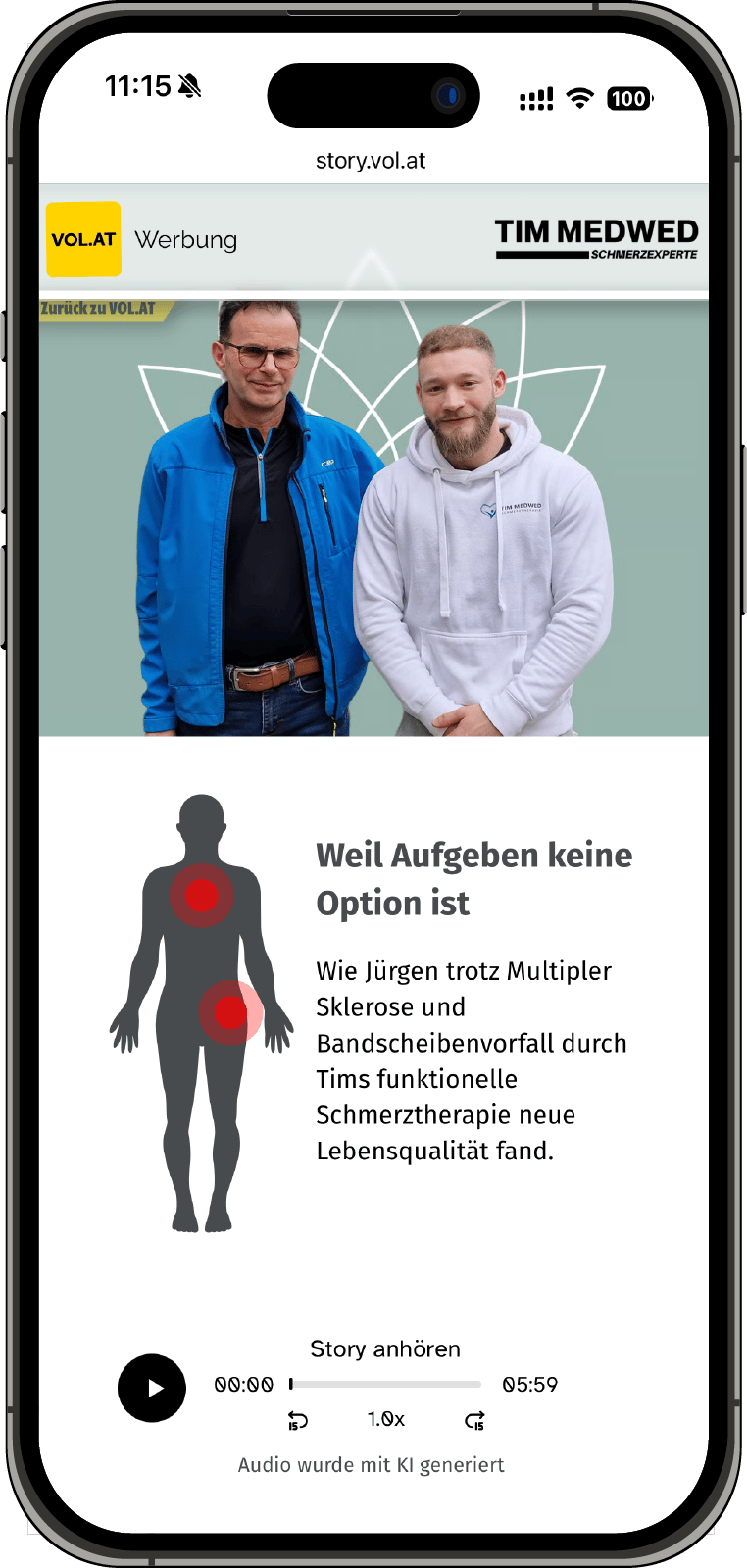 Phone screen with two men, a pain infographic, and text describing a success story of pain therapy.