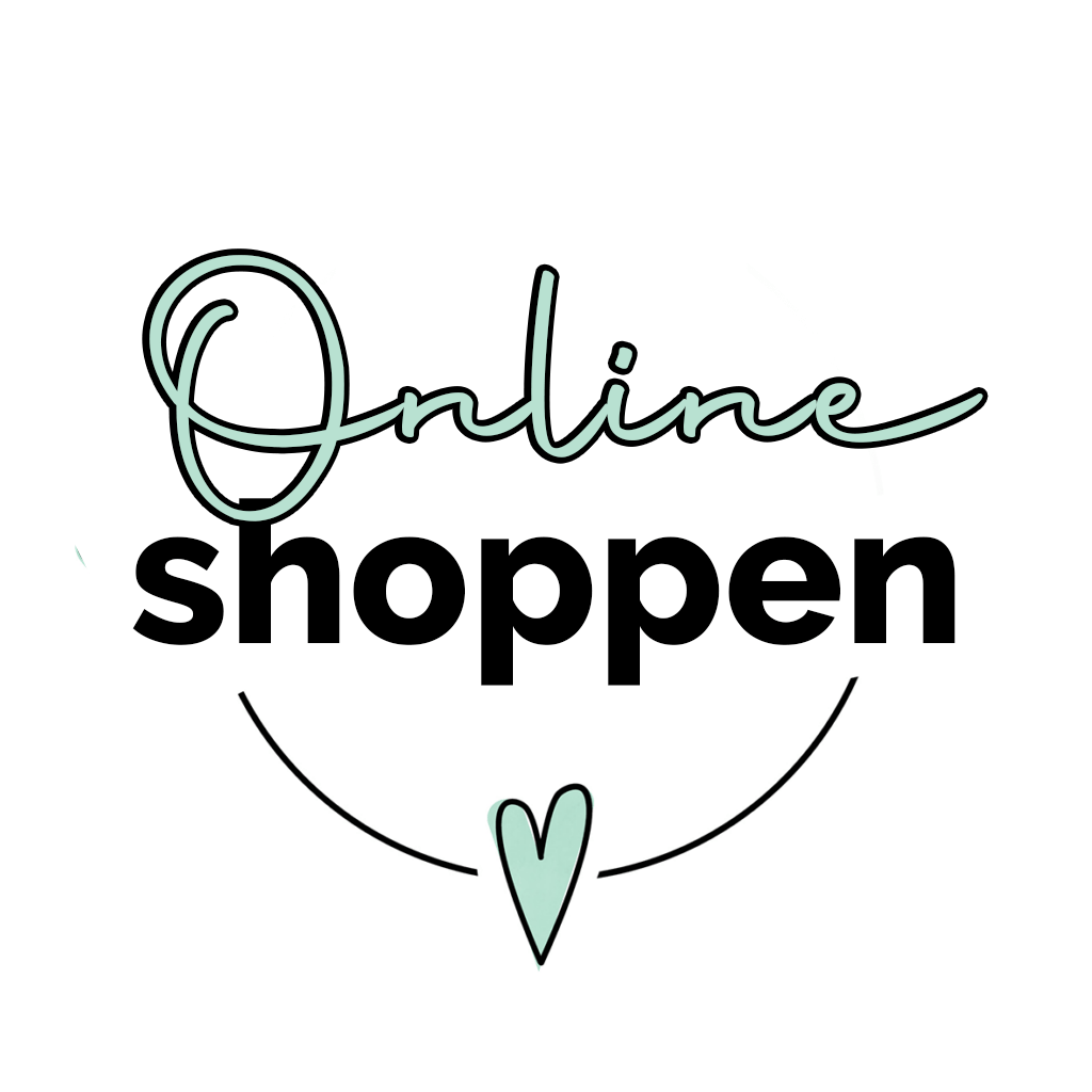 White circle logo with "Online shoppen" text and a heart.