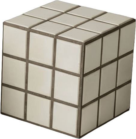 White Rubik's cube with dark gray grid lines, angled view.