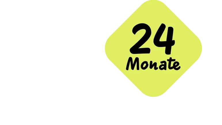 Text "24 Monate" in black on a rounded yellow shape.