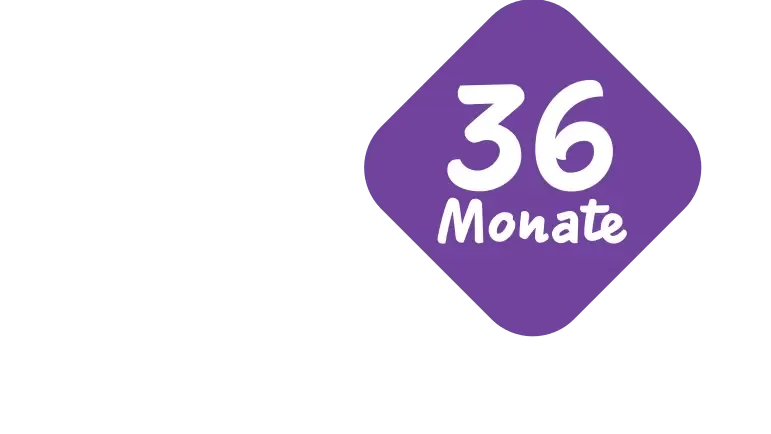 Purple graphic with '36 Monate' (36 months).