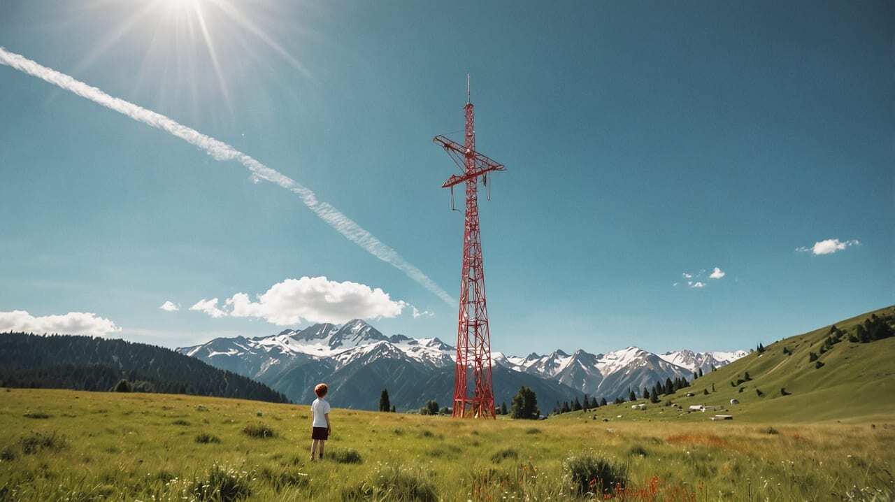 Boy in field looks at red power tower; mountains, bright sky.