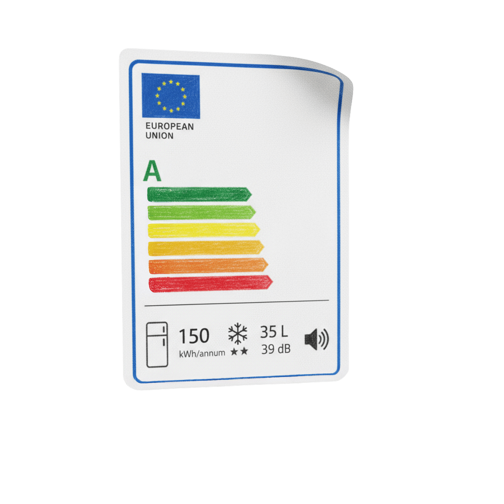 European energy label for a refrigerator showing class A, 150 kWh/annum, 35L, 39dB.
