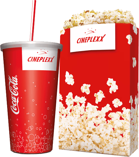 A red Coca-Cola cup with a straw and a Cineplexx branded popcorn box filled with popcorn.