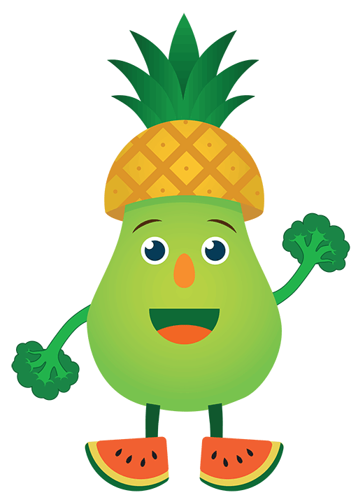 A cartoon character featuring a pear body, pineapple hat, broccoli arms, and watermelon slice feet.