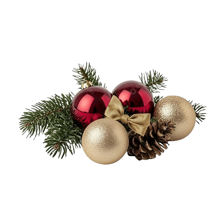 Red and gold Christmas baubles, pine branches, golden bow, and pine cone.