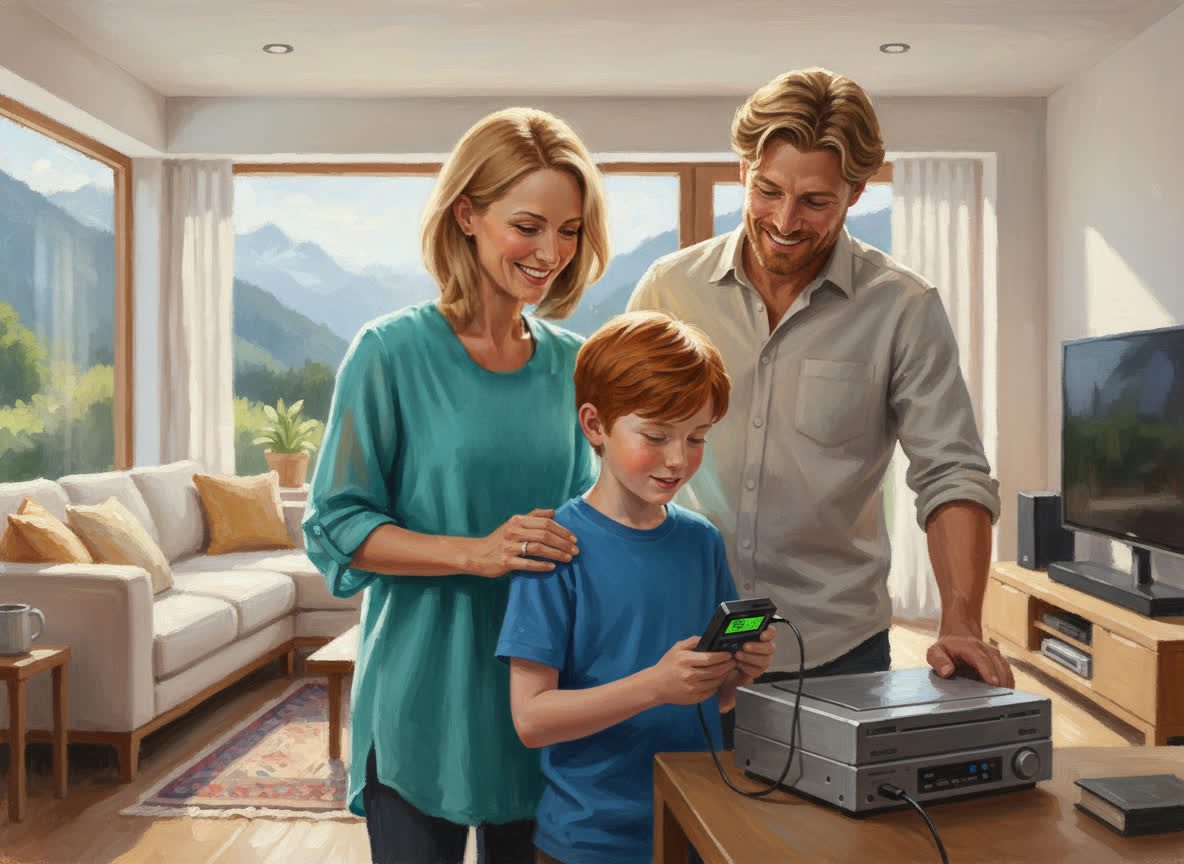 A happy family (mom, dad, and son) in a living room, watching the son operate a retro electronic device.