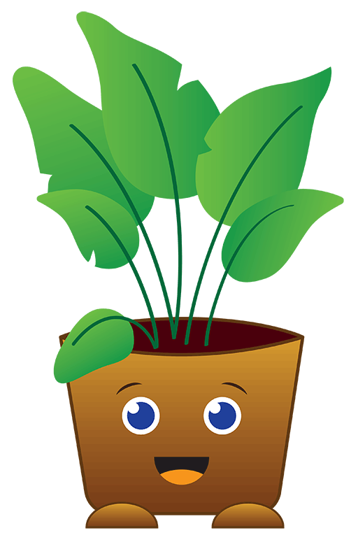 A cartoon potted plant with large green leaves and a happy, smiling face with big blue eyes on its brown pot.