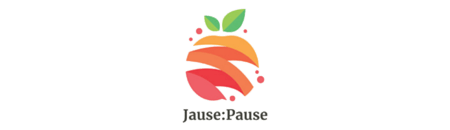 Logo for Jause:Pause, featuring a stylized fruit with leaves and small dots.