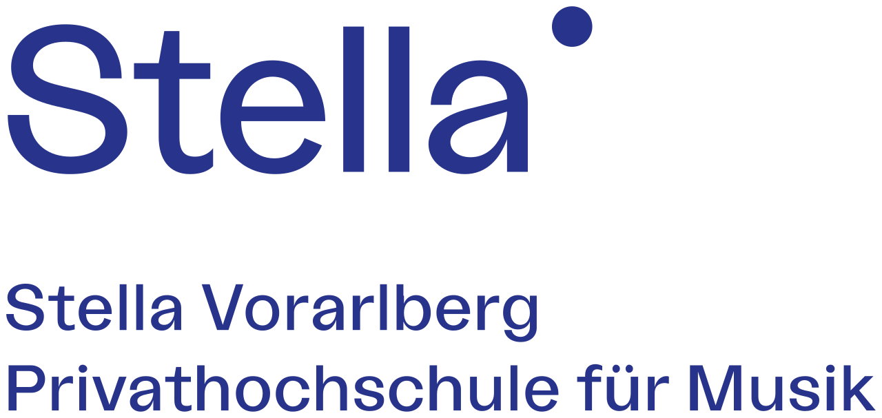Logo: Stella. Text below: Stella Vorarlberg Privathochschule für Musik.