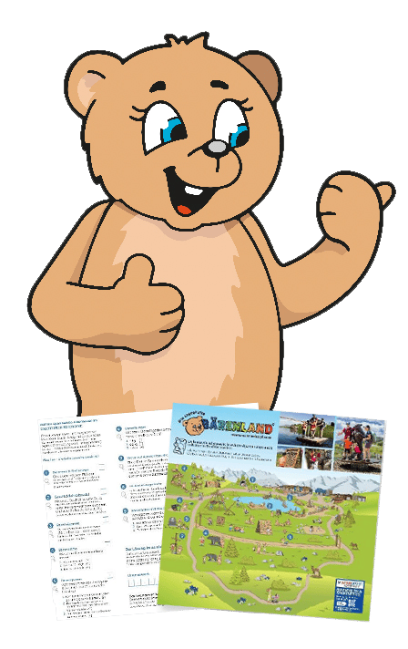 A cheerful cartoon bear giving a thumbs-up, with a 'Bärenland' map and a worksheet underneath.