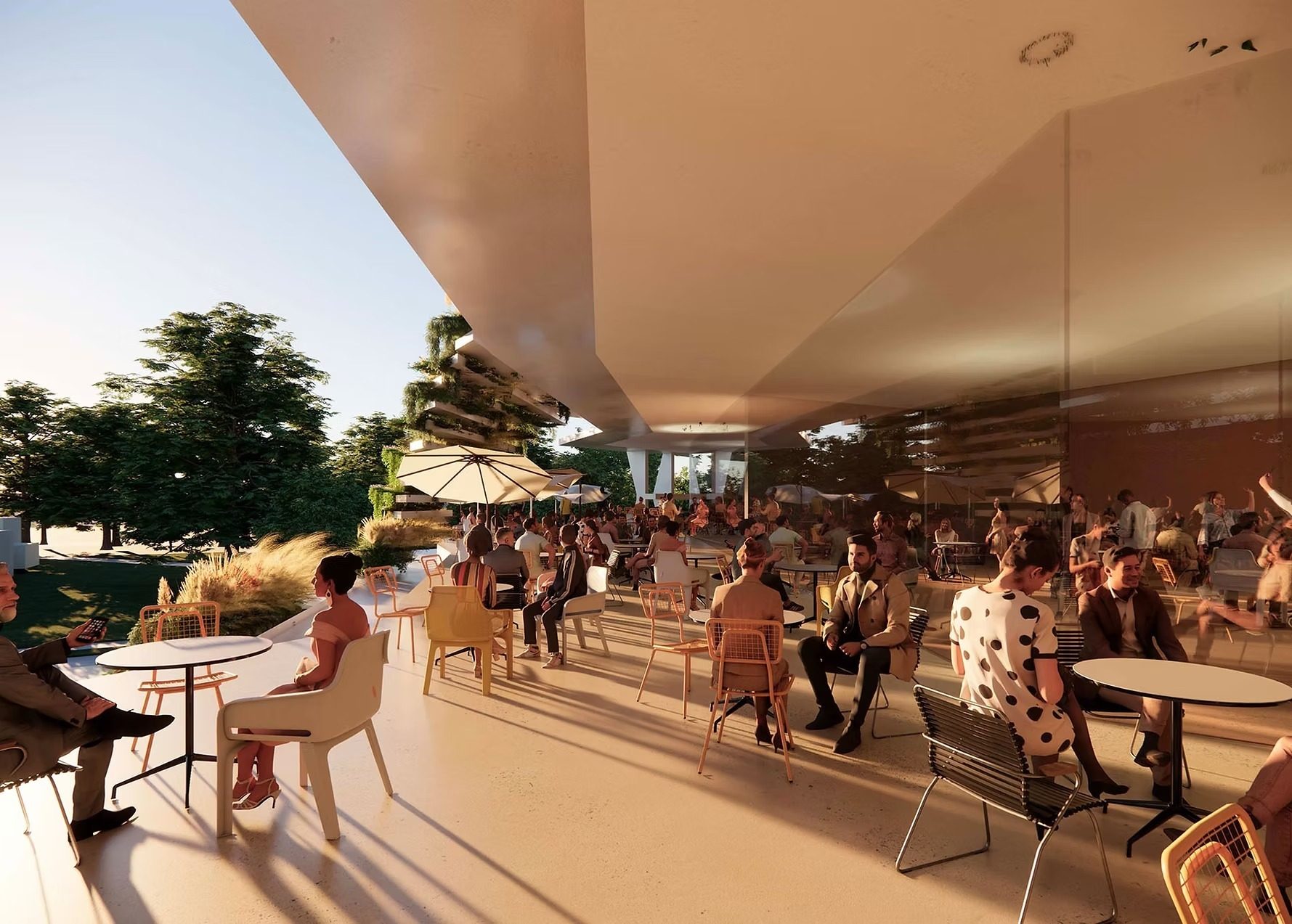 A vibrant outdoor cafe patio filled with diverse people enjoying the sunny atmosphere and modern architecture.