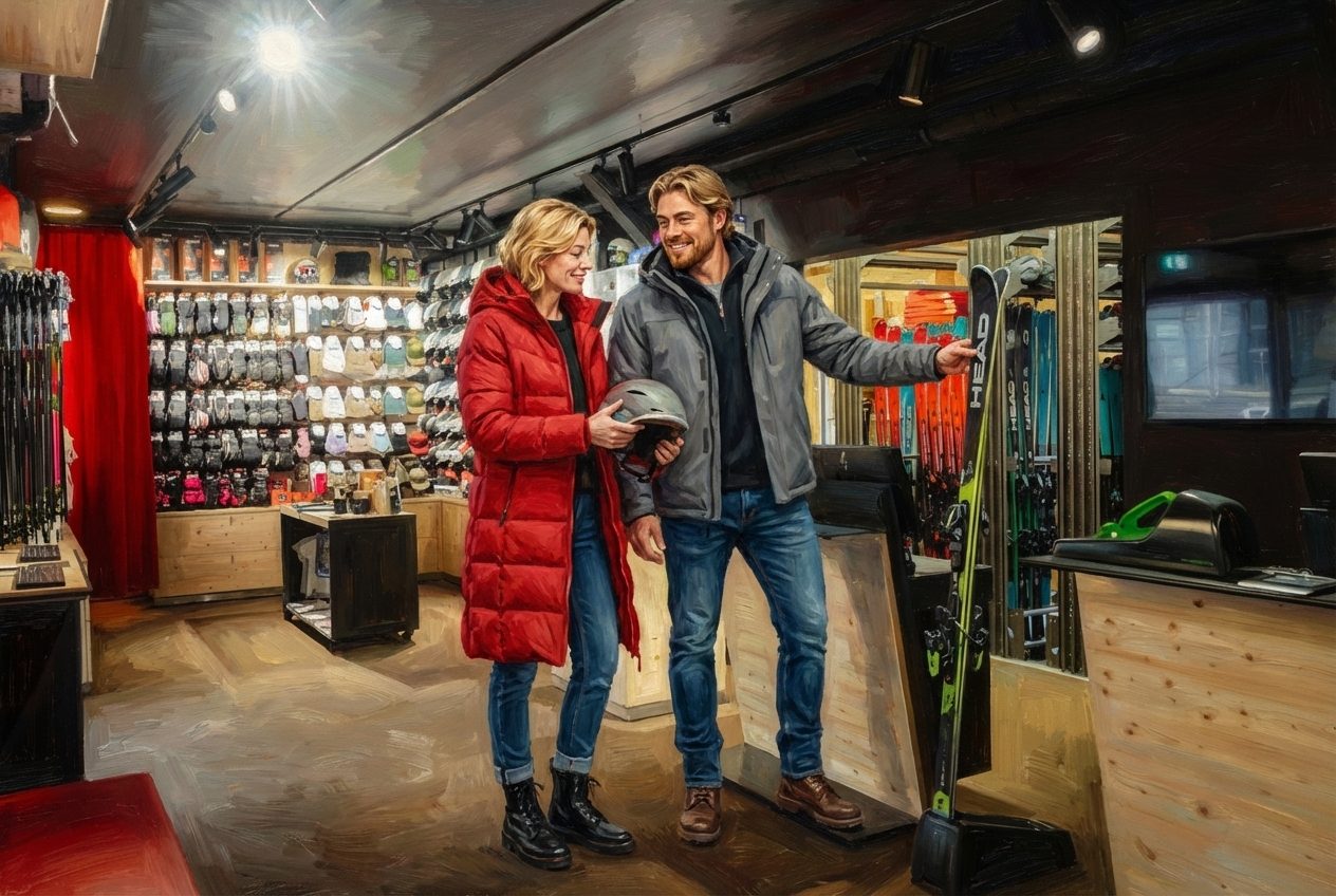 Couple in a ski shop. Woman holds helmet, man points at skis.