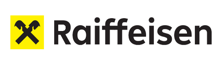 Raiffeisen logo: yellow square with crossed hammer and pickaxe symbol, and "Raiffeisen" text.