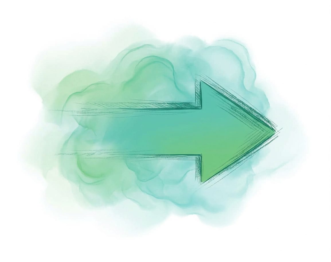 A vibrant green, brushstroke-outlined arrow pointing right, surrounded by abstract green and blue watercolor clouds.
