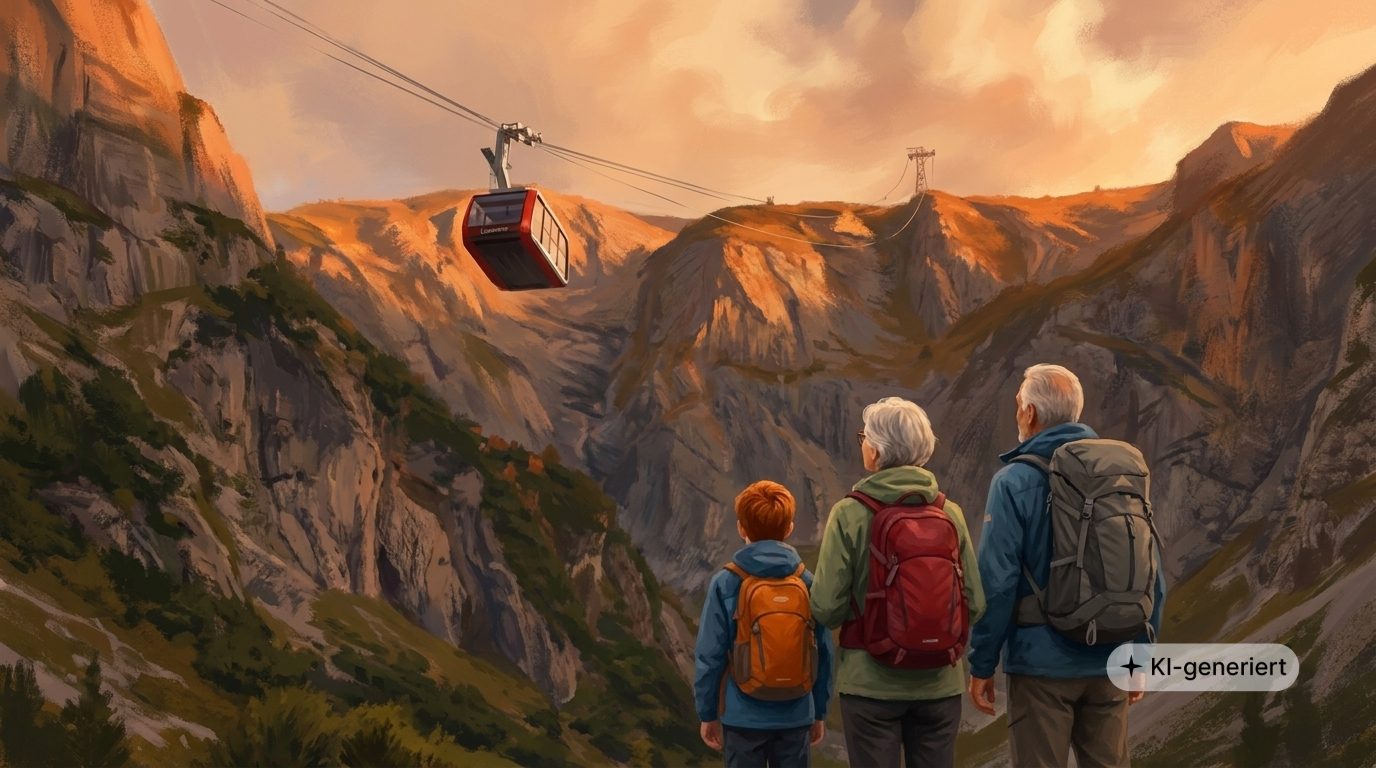 Family and child watching a cable car traverse a stunning mountain range at sunset.