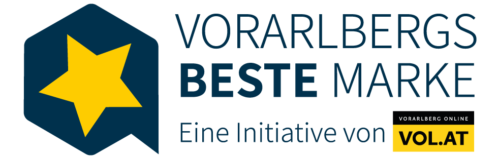 Logo for 'Vorarlberg's Best Brand' initiative by VOL.AT, featuring a yellow star in a blue hexagon.