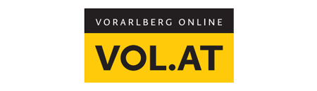 Logo for Vorarlberg Online, featuring 'VORARLBERG ONLINE' on black and 'VOL.AT' on yellow background.