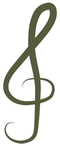 Olive green treble clef on a dark green background.