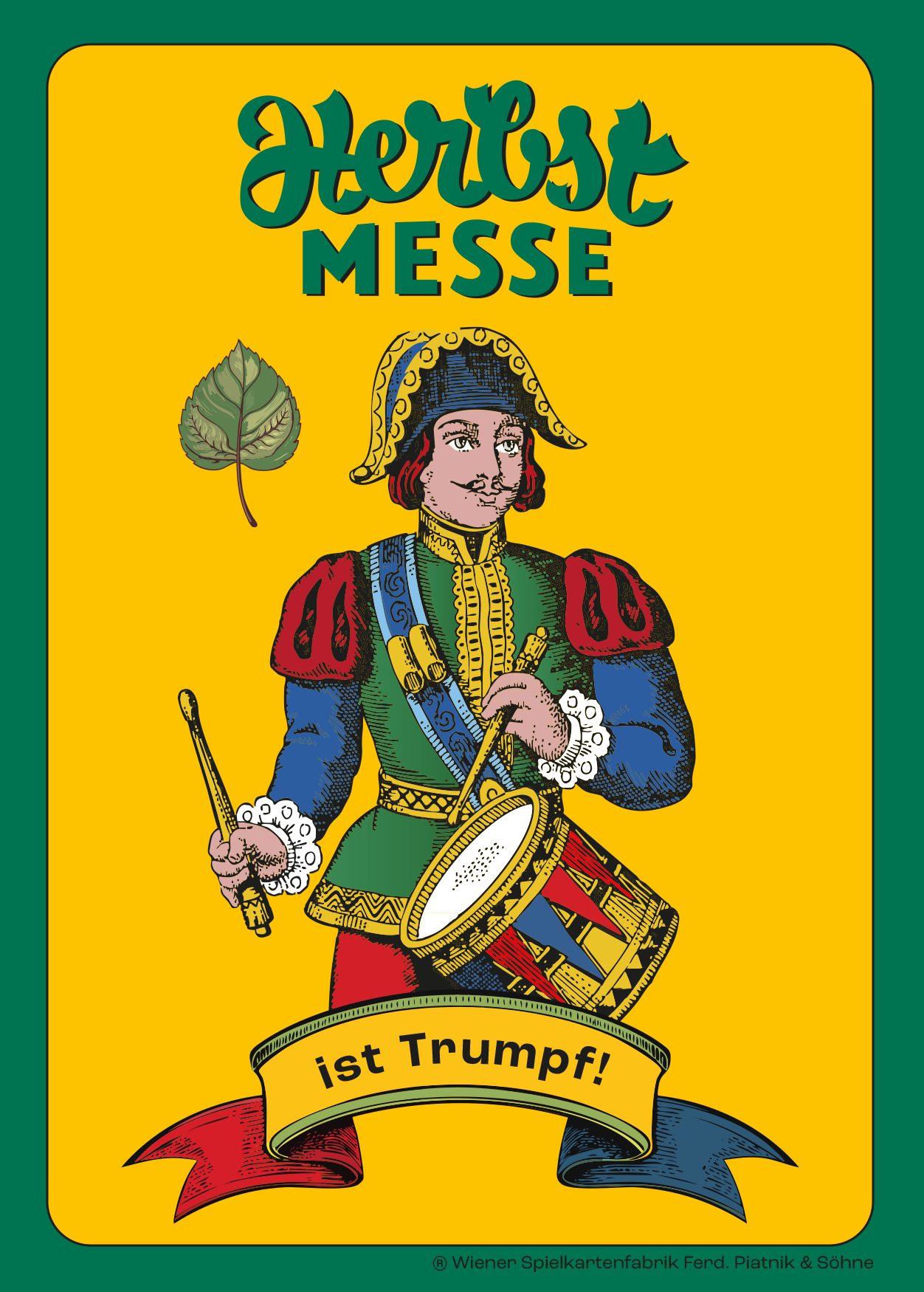 Colorful playing card-style illustration of a drummer with 'Herbst Messe ist Trumpf!' text.